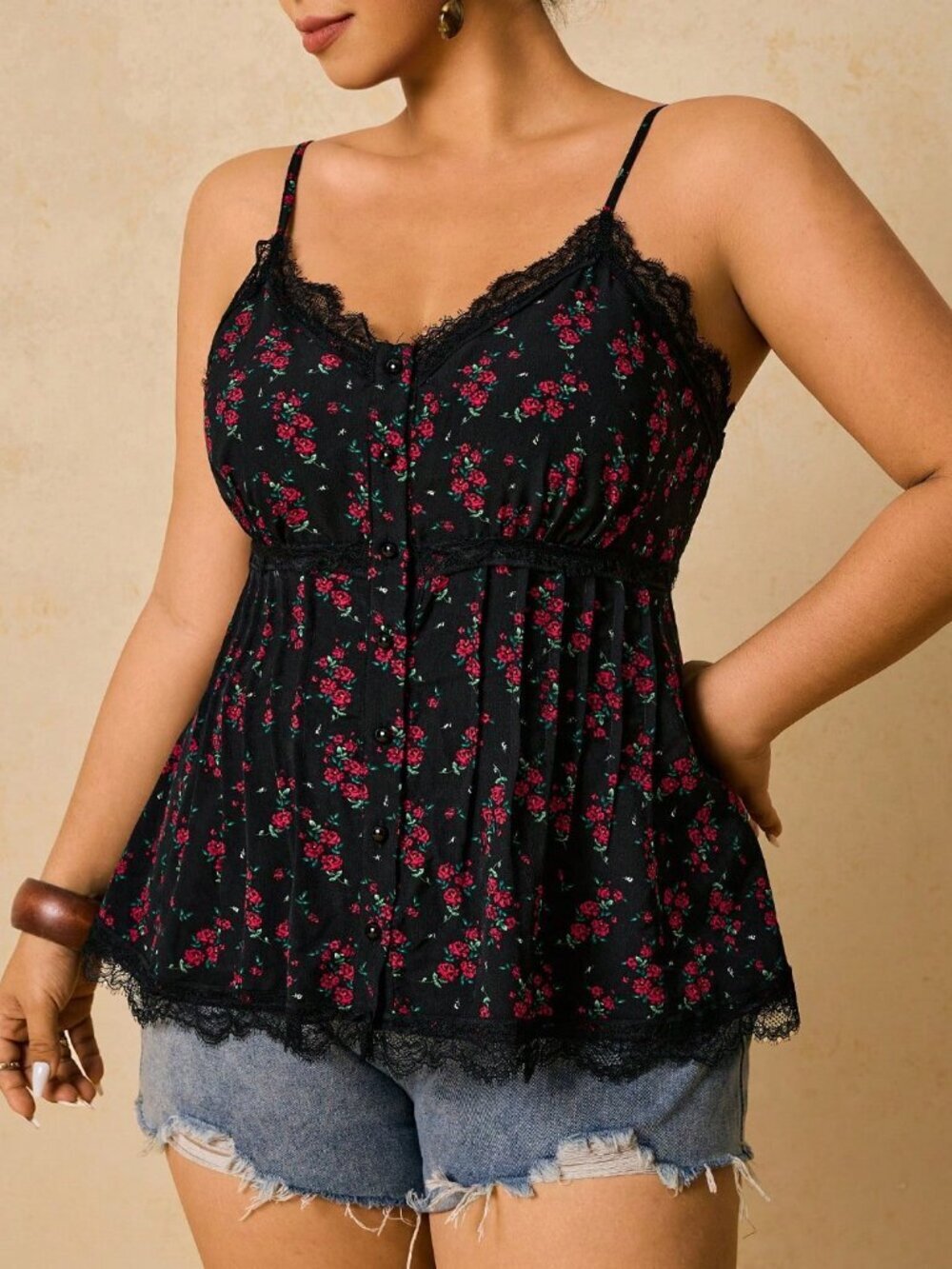Boho Black Women's Plus Size Floral Lace Patchwork Camisole Top